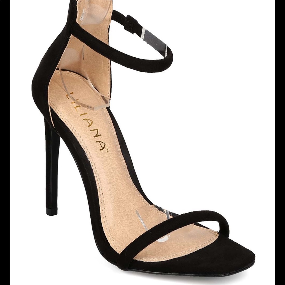 Square toe single strap black suede heels